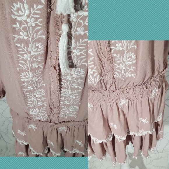 Vintage Havana Pink Floral Embroidered Off The Shoulder Drop Waist Dress - Picture 3 of 6